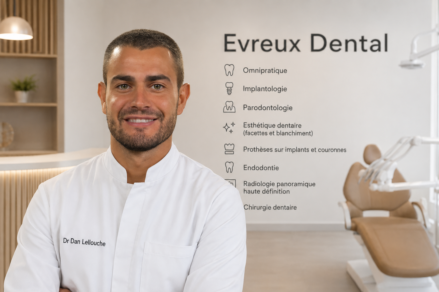Portrait du Dr Dan Lellouche en blouse blanche dans son cabinet