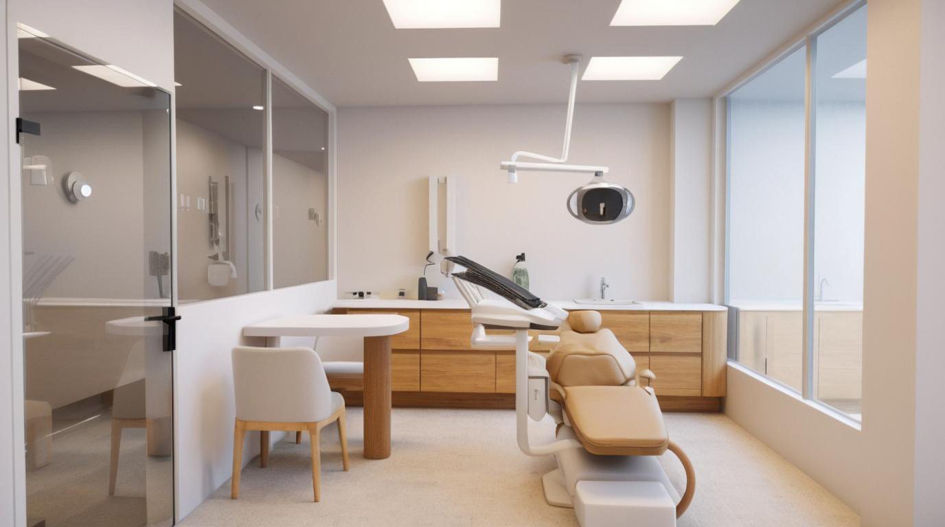 Salle de soin lumineuse avec fauteuil dentaire et baies vitrées